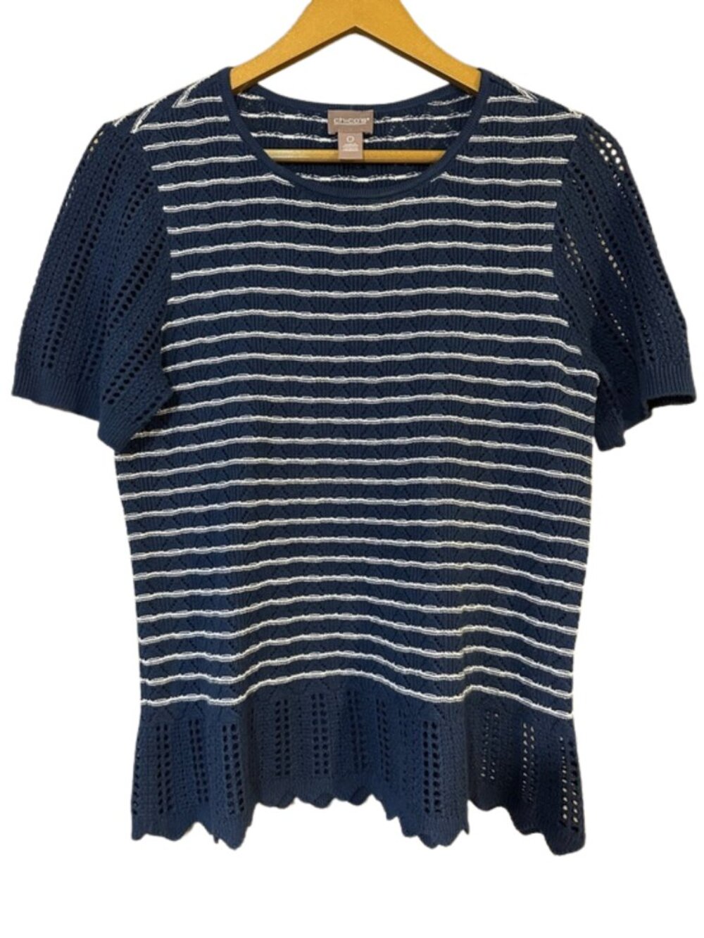 Chico’s Navy & White Striped Openwork Knit Tee Short Sleeve Lightweight Sweater